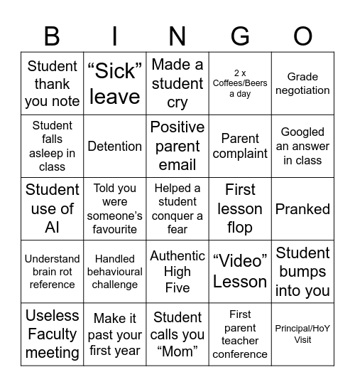 Teacher Bingo Card