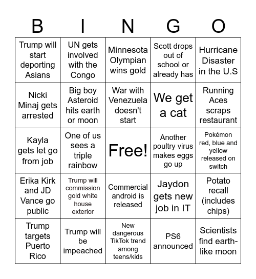 2026 Bingo Card Bingo Card