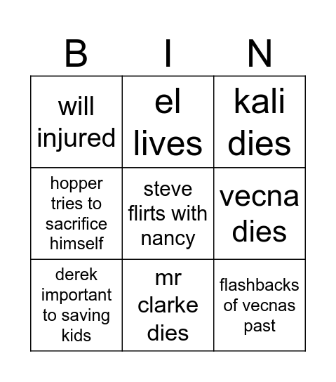 stranger thingy Bingo Card