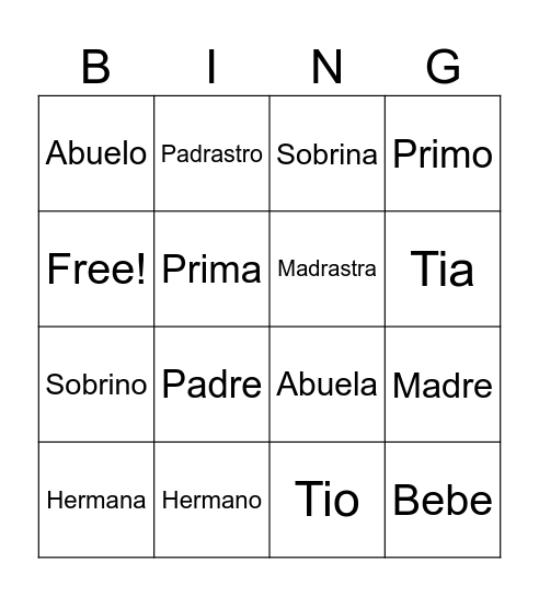 Family Members BINGO Card