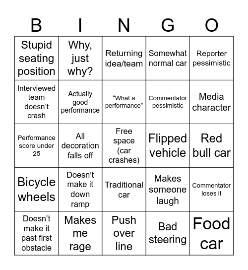 Red bull soapbox race bingo Card