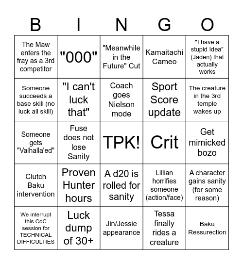 Bunker 33 Bingo Card
