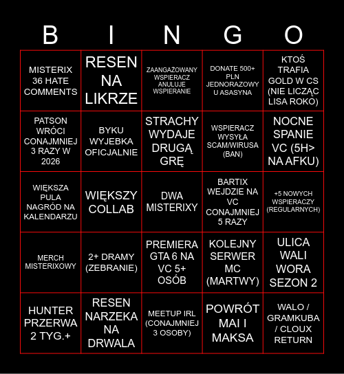 Misterixiarze 2026 Bingo Card