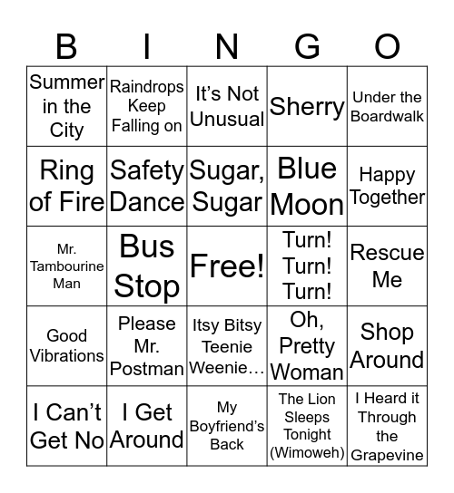 Gates Entertainment Music Bingo: Solid 60's Bingo Card