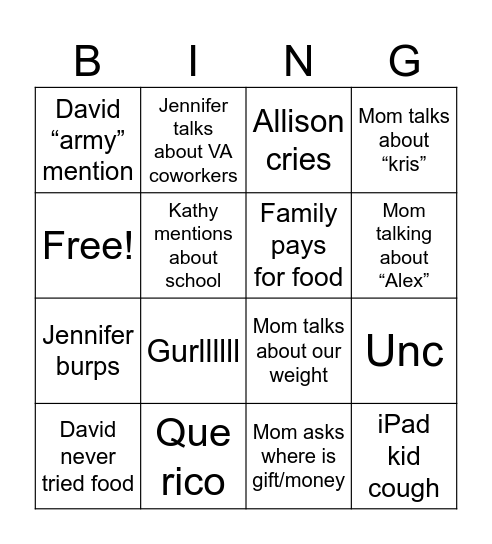 Family Bingo Card