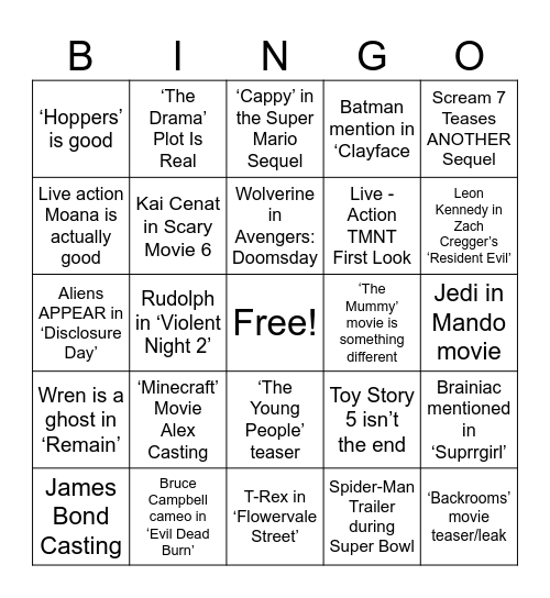 Movie bingo Card