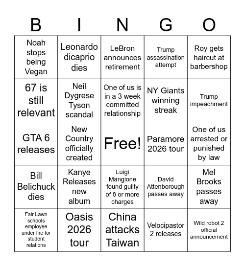 2026 events Bingo Card
