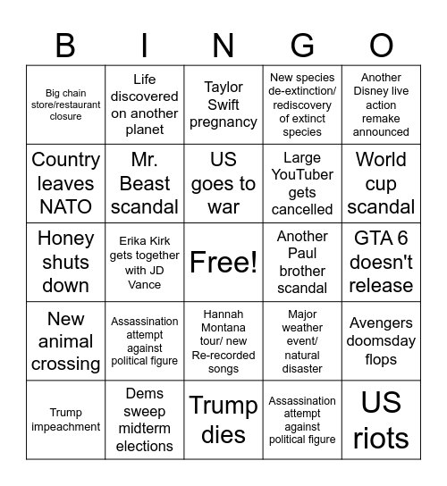2026 Predictions Bingo Card