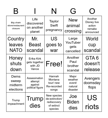 2026 Predictions Bingo Card