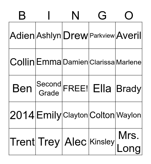 Second Grade Bingo Card