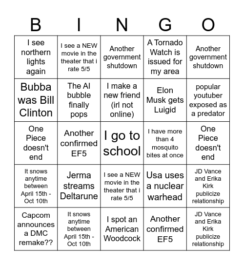 2026 predictions Bingo Card