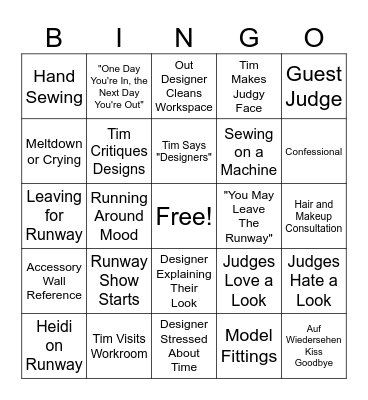 Project Runway: Make It Work Bingo Card