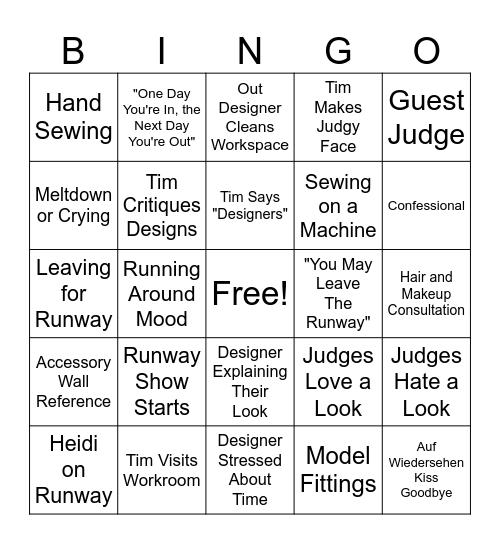 Project Runway: Make It Work Bingo Card