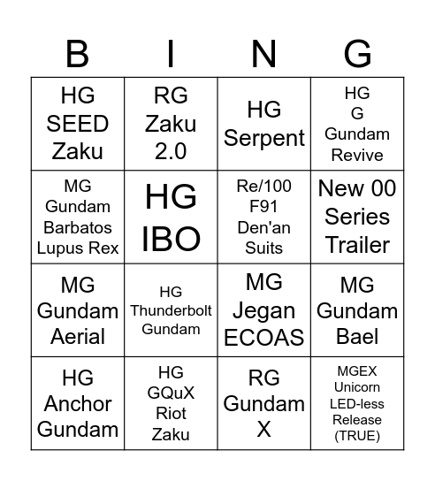GUNPLA 2026 Bingo Card