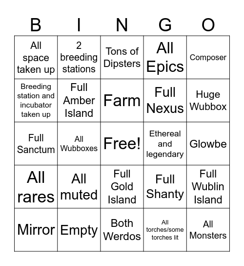 My Singing Monsters Bingo Card