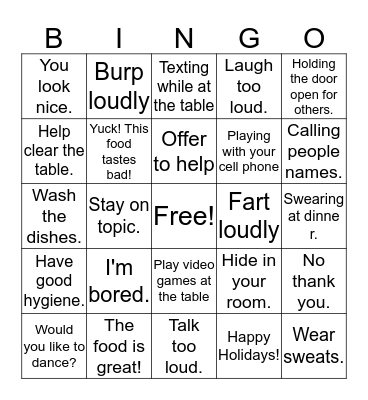 Party Etiquette Bingo Card