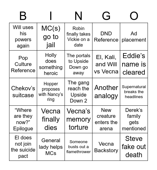 Stranger Things Season 5 Finale Bingo Card