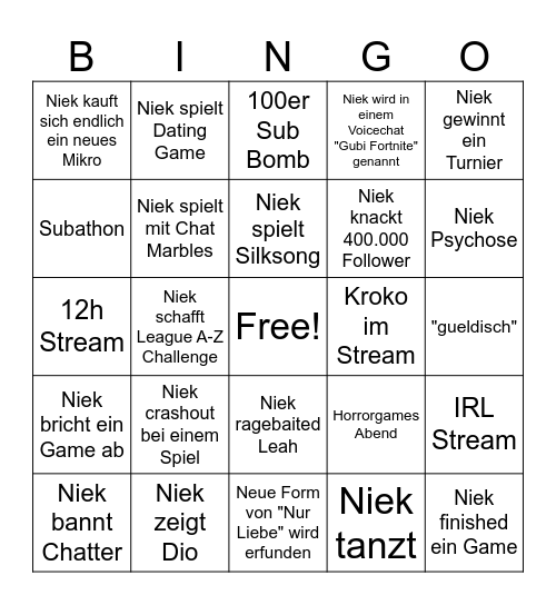 Niek Twitch 2026 Bingo Card
