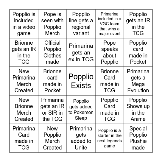 Popplio 2026 Bingo Card Bingo Card