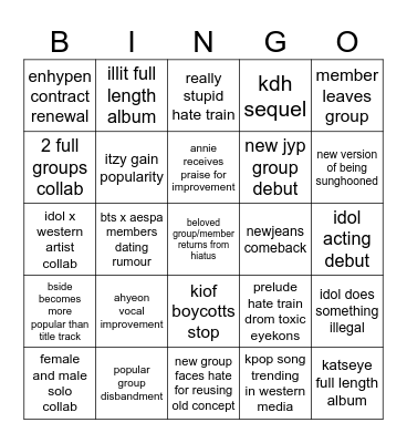 Kpop Predictions 2026 Bingo Card