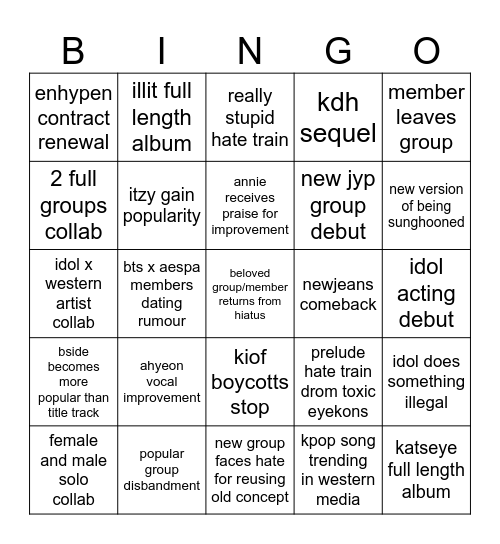 Kpop Predictions 2026 Bingo Card