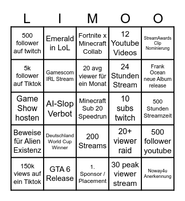 Limomate 2026 Bingo Card