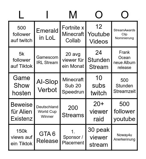 Limomate 2026 Bingo Card