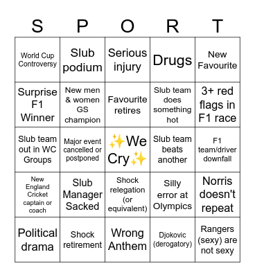 2026 Slub Sports Bingo Card