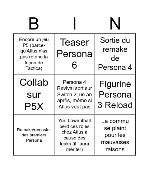 30 ans de Persona Bingo Card