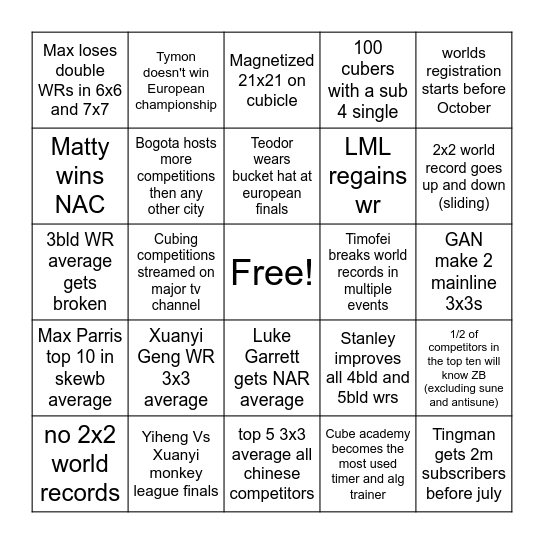 Cubing 2026 Bingo Card