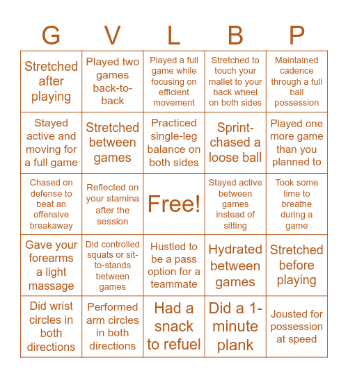 April Conditioning Bingo Card