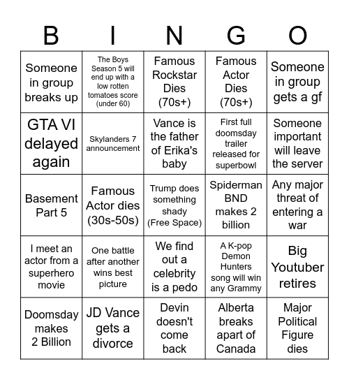 2026 Bingo Card Bingo Card