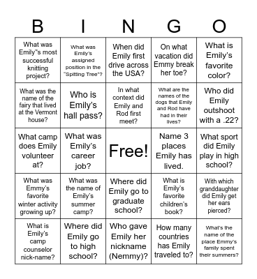 Emily Birthday Bingo! Bingo Card