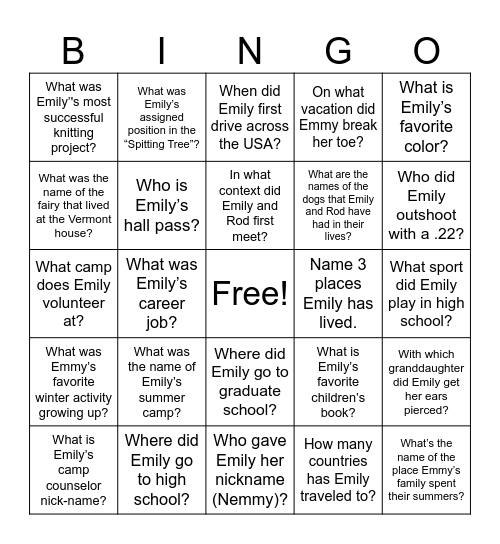 Emily Birthday Bingo! Bingo Card