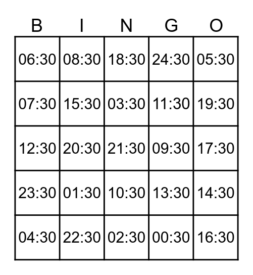 Klockbingo, halvtimme Bingo Card