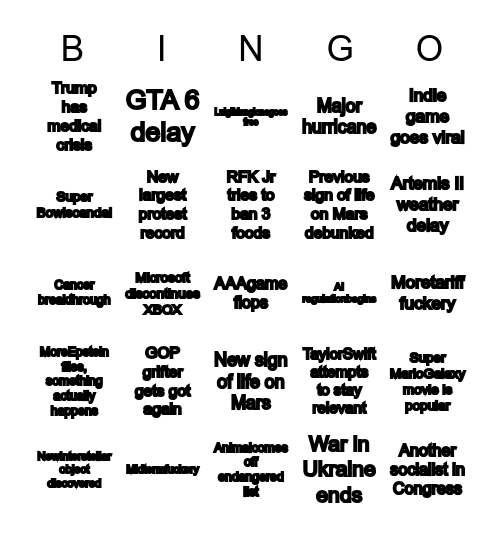2026 Predictions Bingo Card