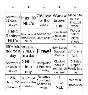 5 in a row Bingo Card