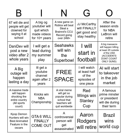 2026 Predictions Bingo Card