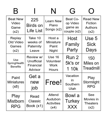 Sam's 2026 New Year Bingo Card