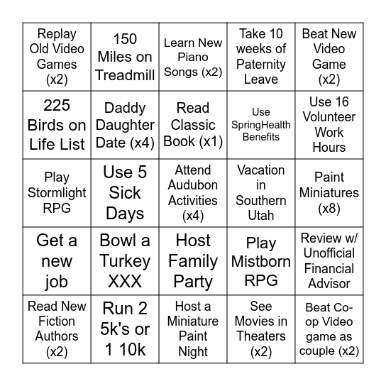 Sam's 2026 New Year Bingo Card