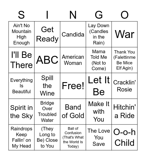 '70's SINGO #1 Bingo Card