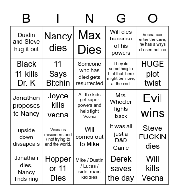 Stranger Things Bingo Card