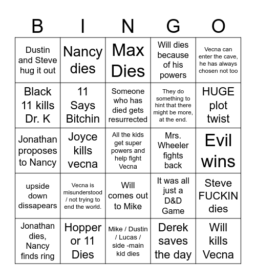 Stranger Things Bingo Card