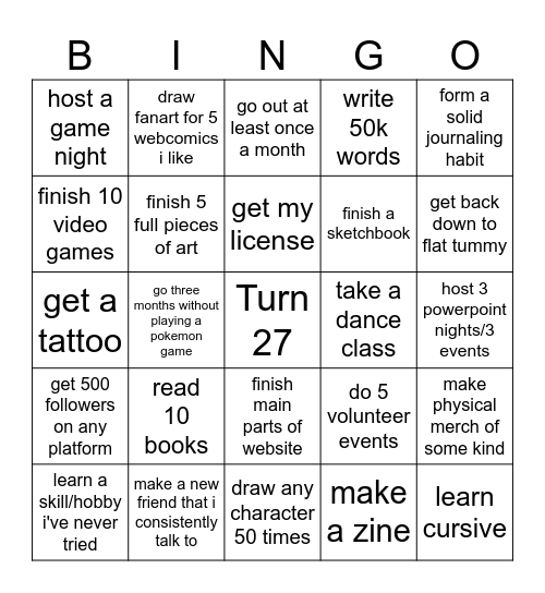 Jazzy 2026 goals Bingo Card