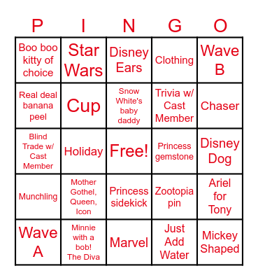 Disney Pin Trading Pingo Bingo Card