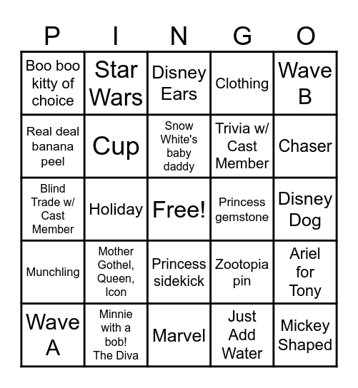 Disney Pin Trading Pingo Bingo Card
