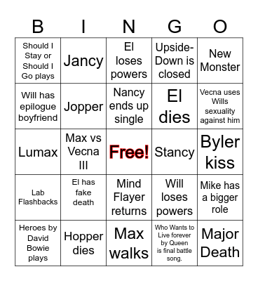 Stranger Things Finale Bingo Card