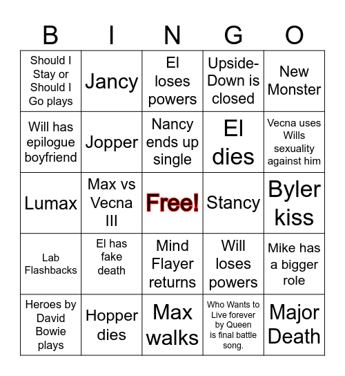 Stranger Things Finale Bingo Card