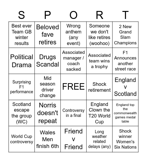 2026 Sports Bingo Card