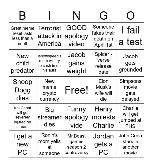 Big 26 Bingo Card